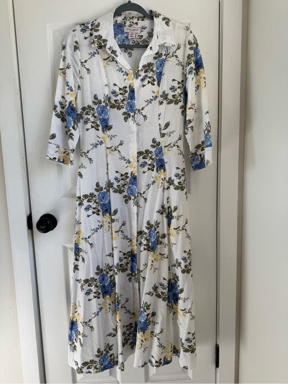 Laura Ashley White Midi Dress with Blue & Yellow Floral Print